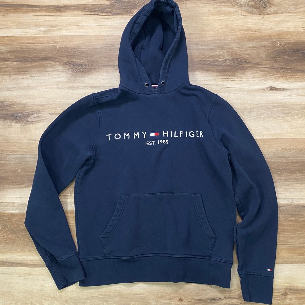 Tommy Hilfiger Hoodie Size XS Logo Pullover Cotton Blend Fleece Navy Blue